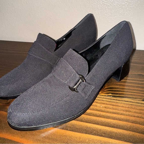 RARE Sample Women's Black Calico Slip on Block Heeled Shoes Size 6 Office Goth - Picture 1 of 11